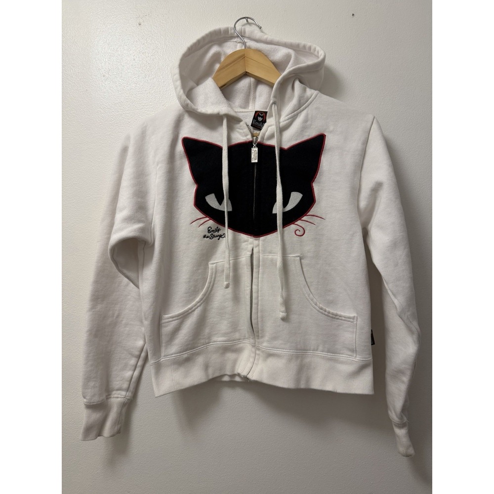 Vintage Emily The Strange White Full Zip Hoodie Cat Heart Design Women's S 2006